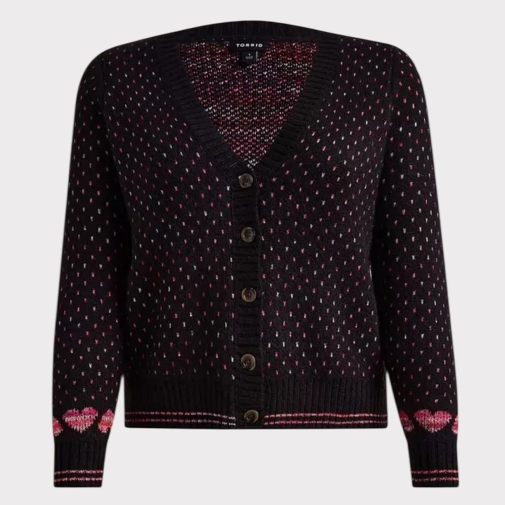 Torrid NWT Black Pink Heart Cardigan Sweater V-Neck Button Front Drop 1X 14-16